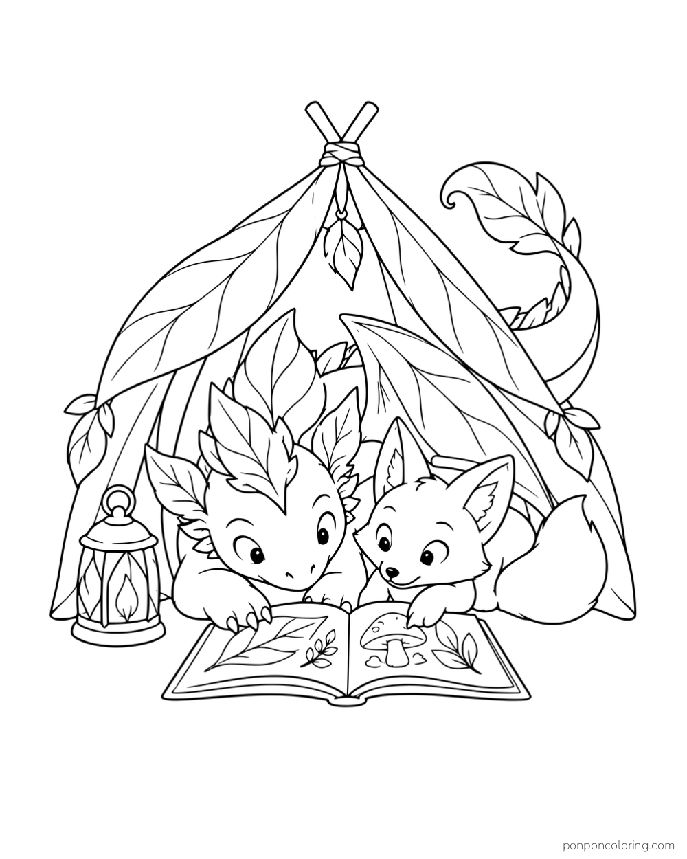 A leafy dragon and fox reading a book in a leaf-covered tent beside a lantern.