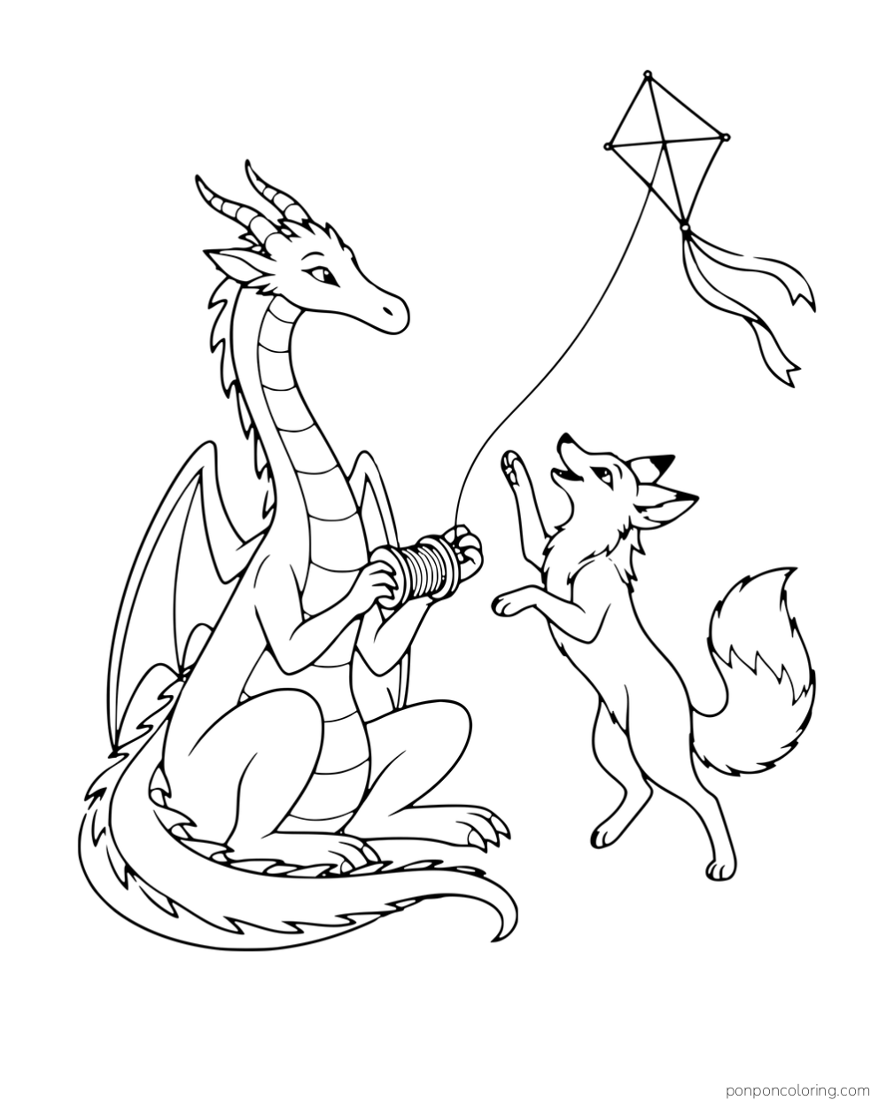 A long-necked dragon holding a kite spool while a fox reaches up toward the flying kite.