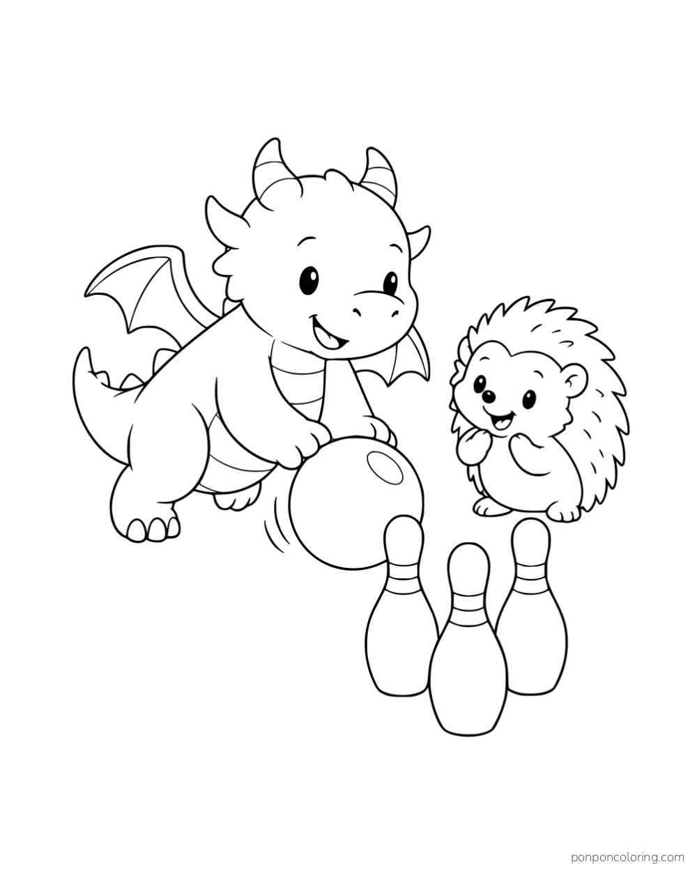 A baby dragon and a hedgehog playing with a ball and three bowling pins.