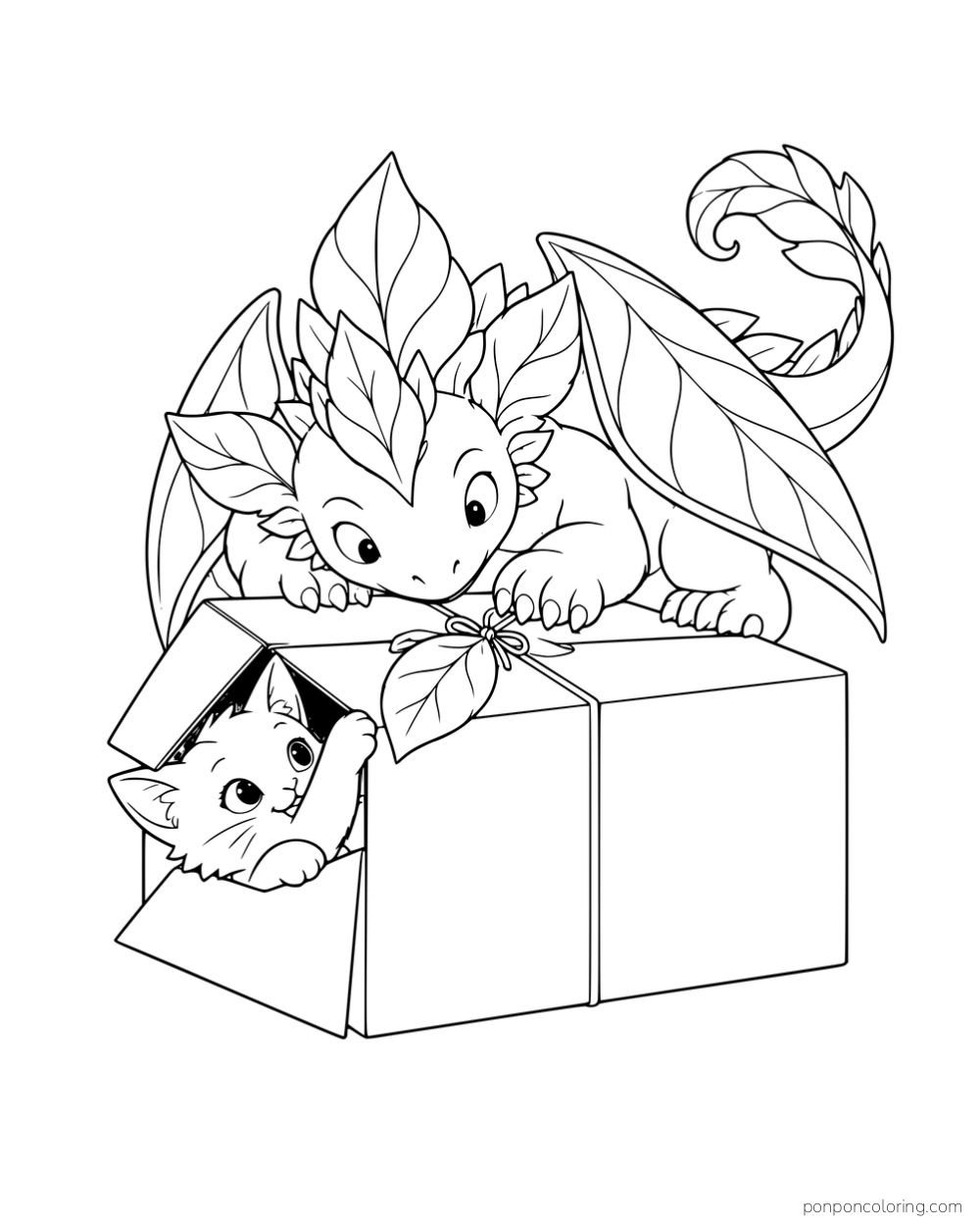 A leafy dragon looking down at a kitten peeking out of a cardboard box.