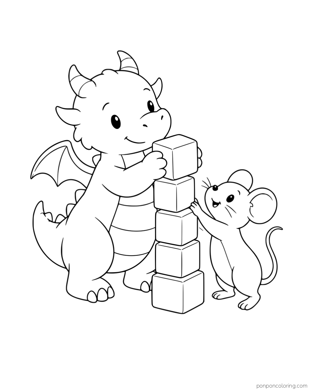 A baby dragon and a mouse building a tower of five blocks.