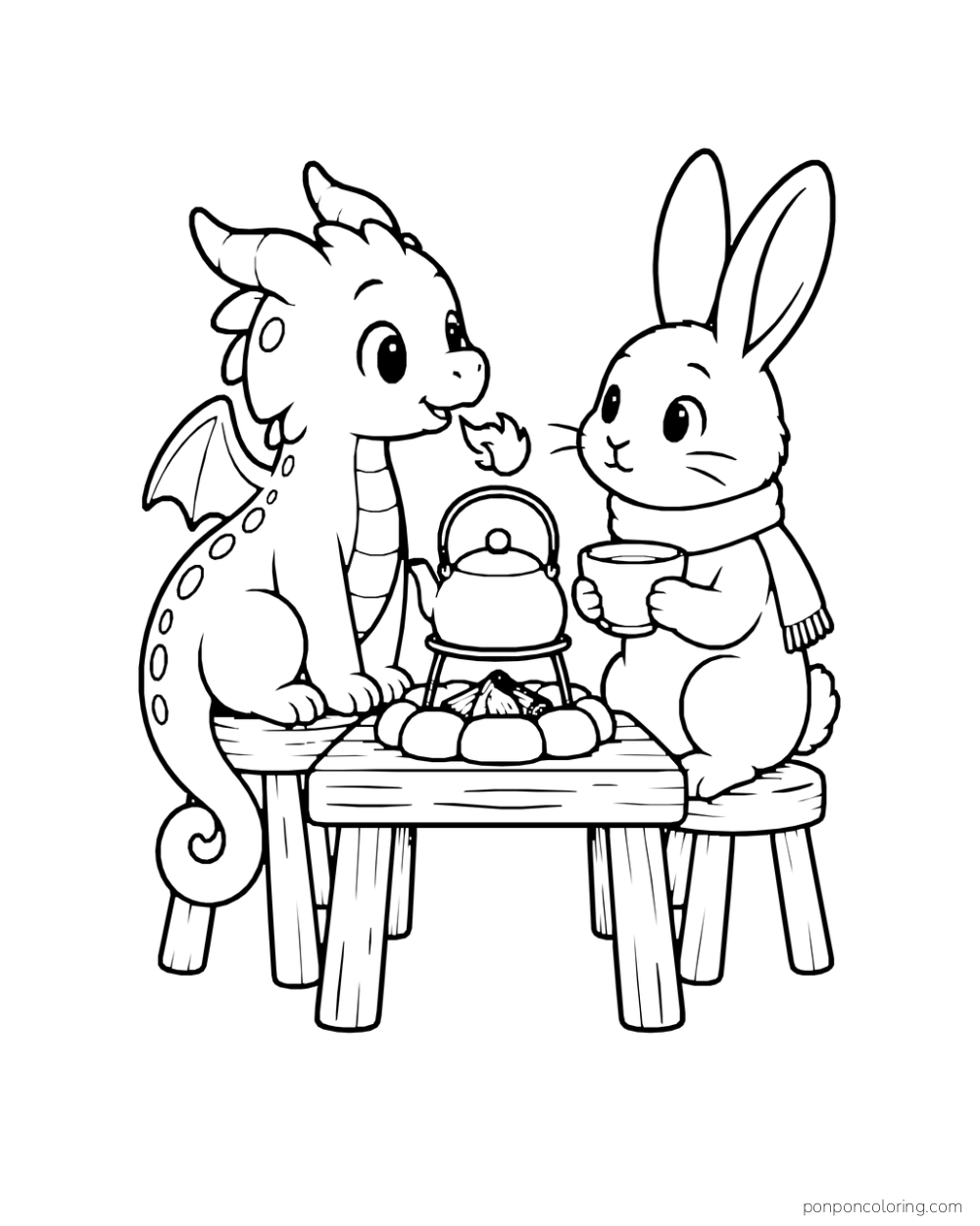 Small dragon and rabbit hold cups beside a teapot on a low table.