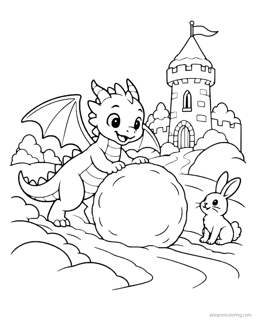 A small dragon rolling a large snowball along a snowy path while a rabbit watches near a castle tower.