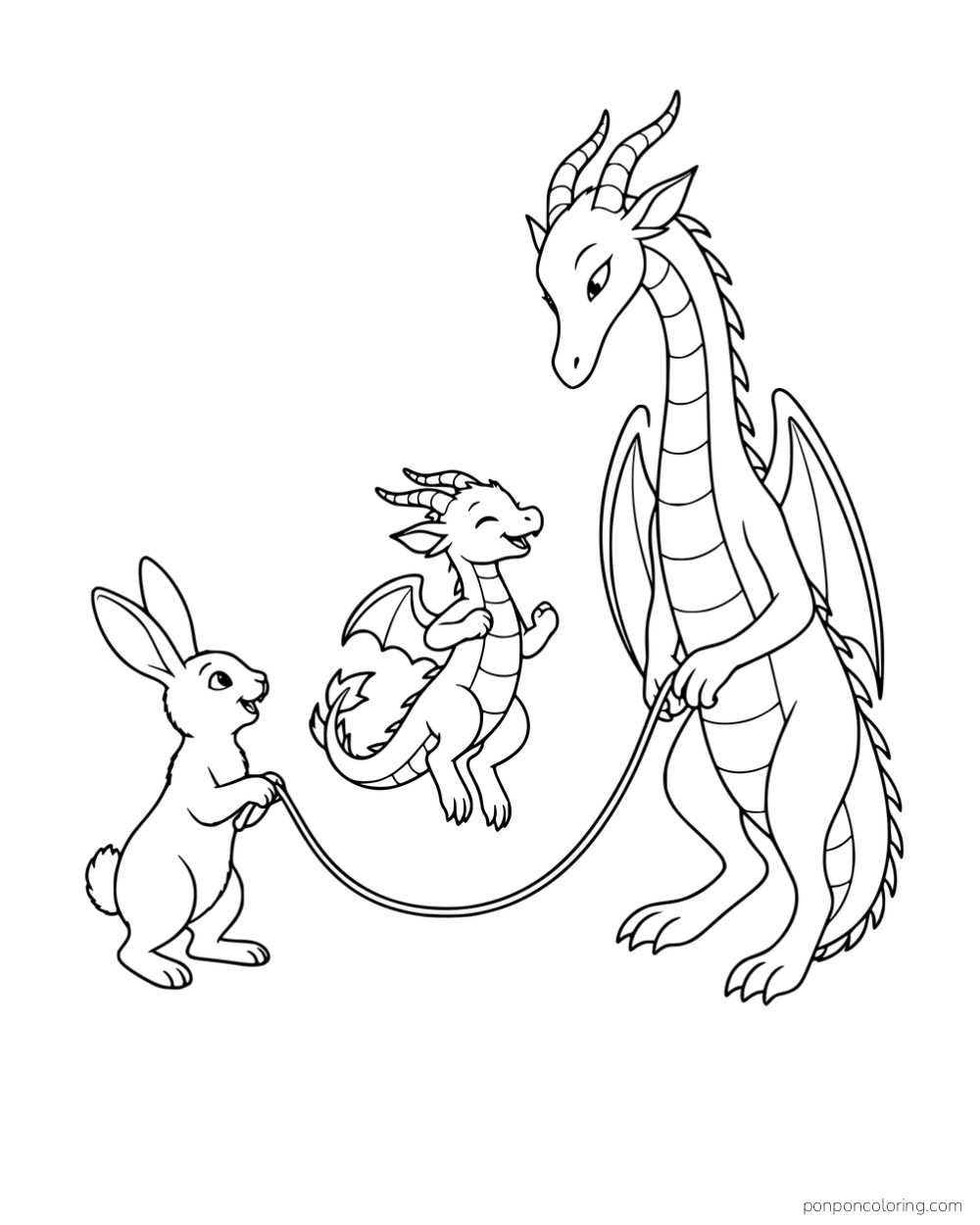 A tall dragon and rabbit turning a jump rope for a smaller dragon.