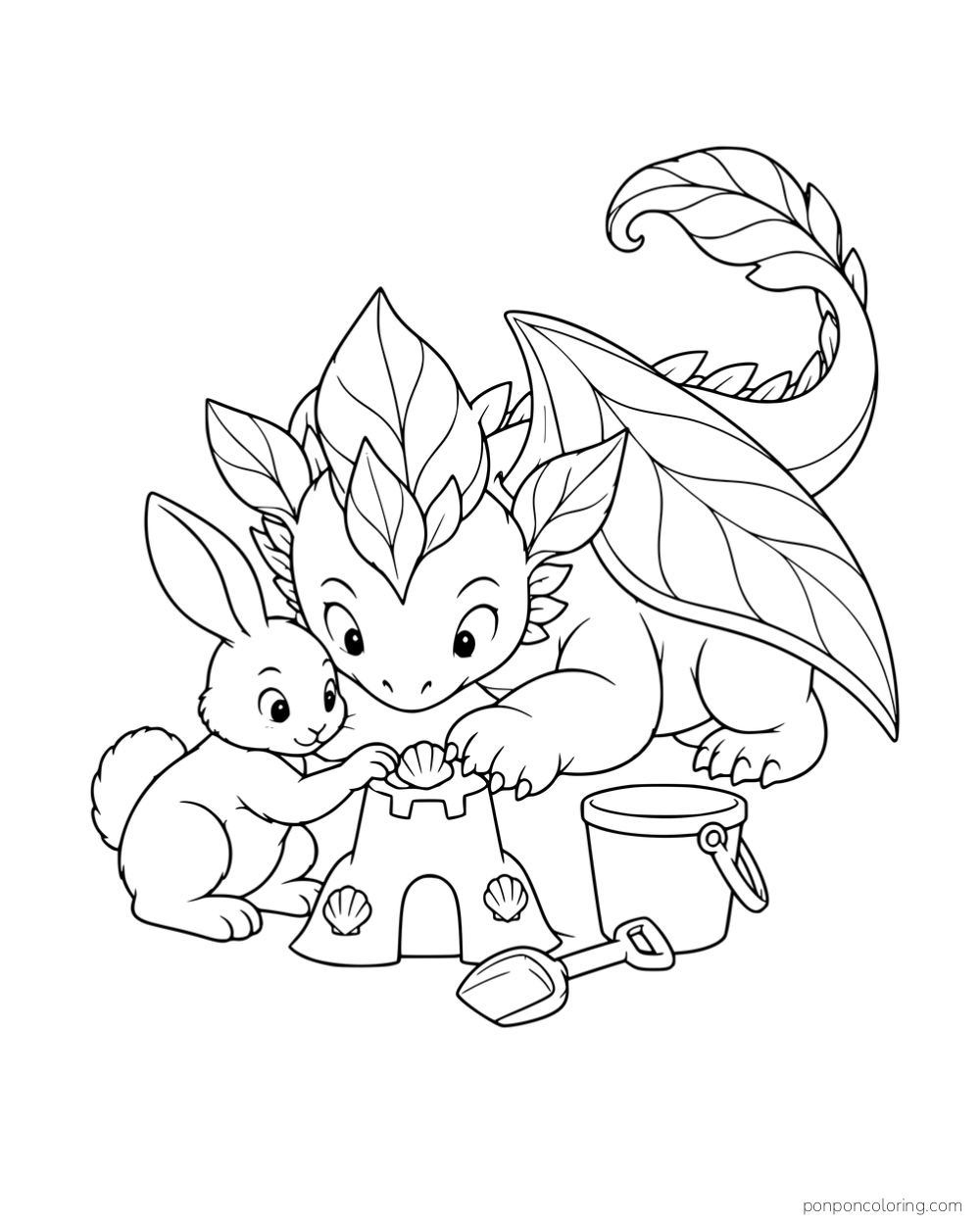 A dragon and a rabbit decorating a sandcastle beside a bucket and shovel.