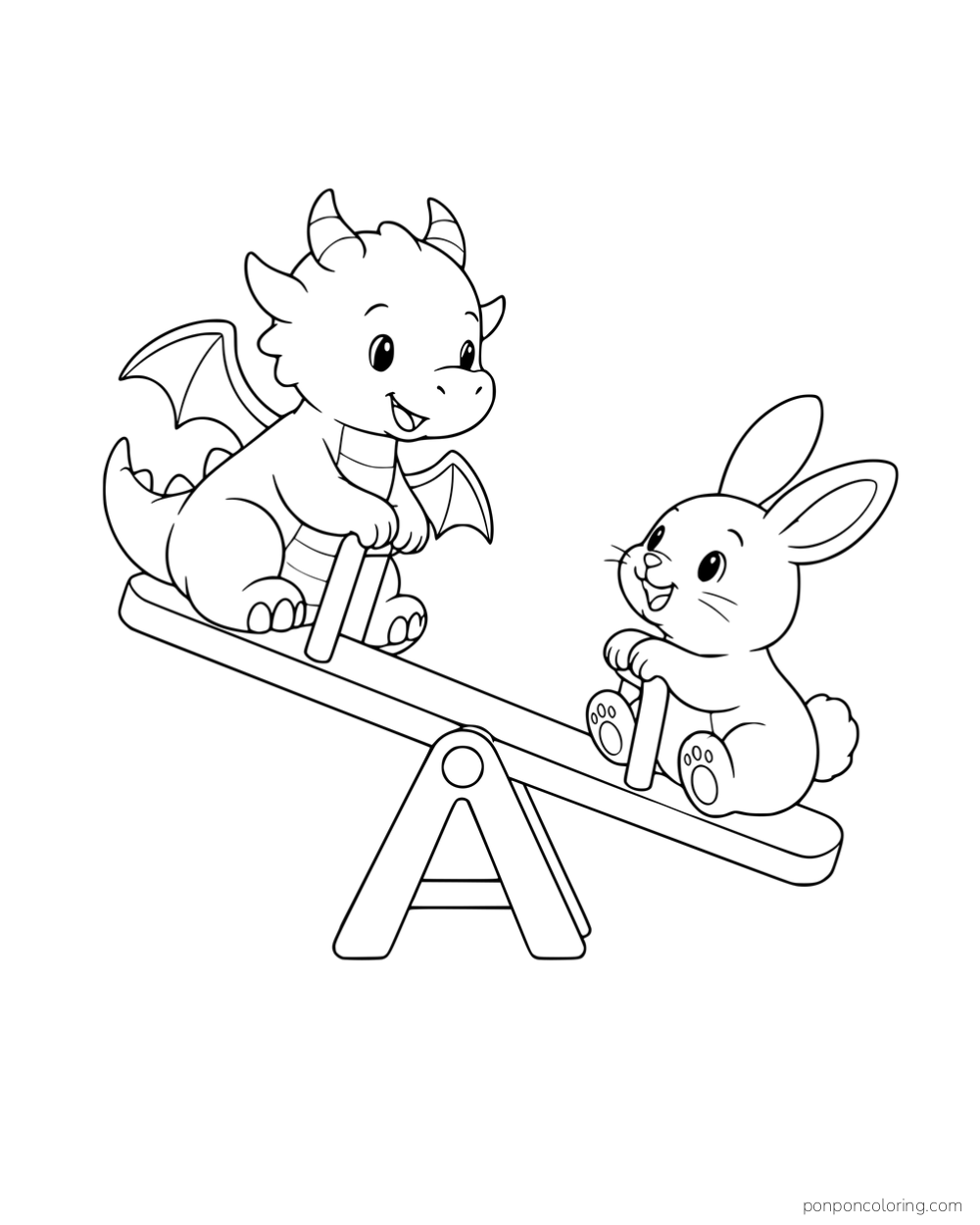 A baby dragon and a rabbit sitting at opposite ends of a seesaw.