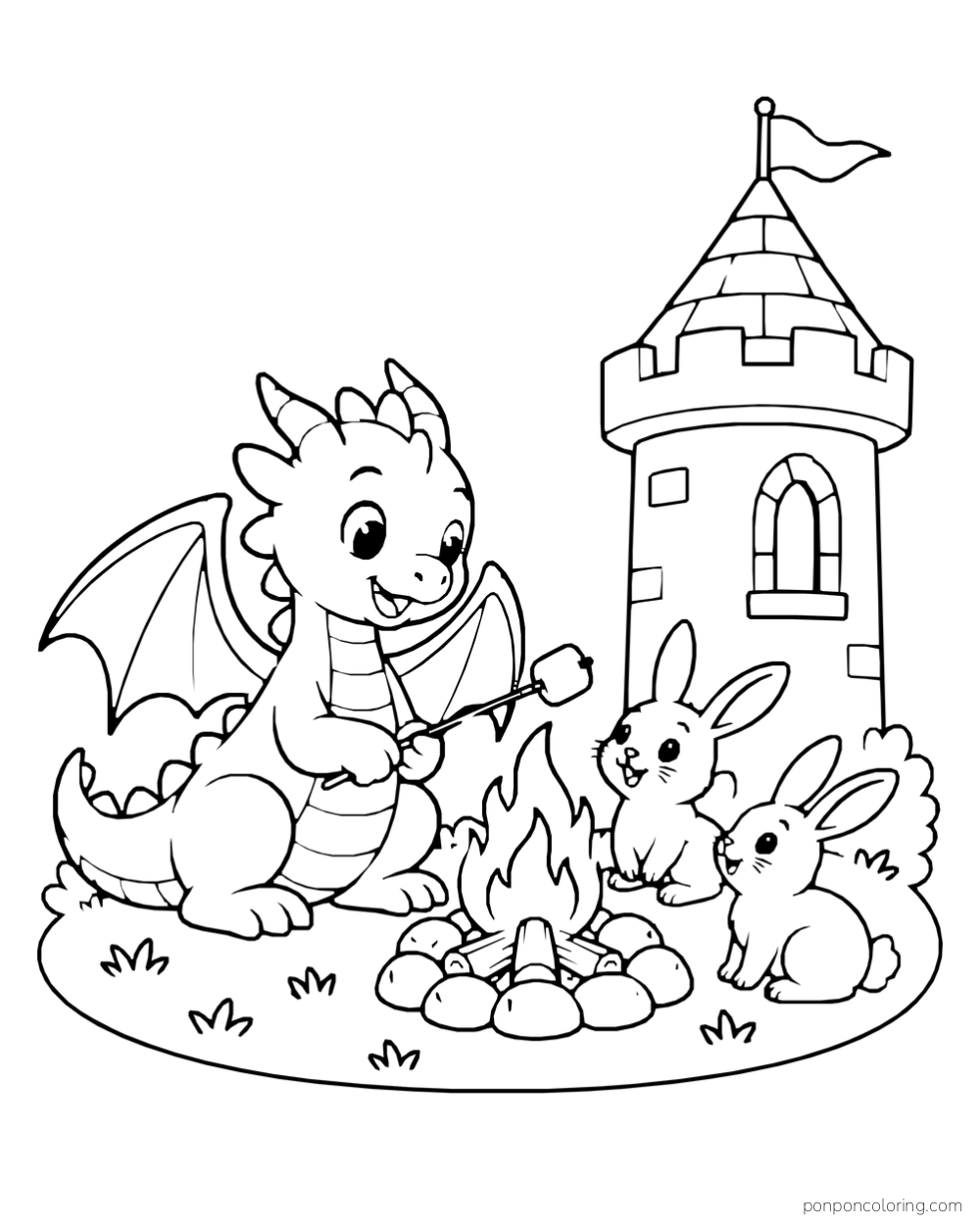 A dragon holding a stick beside a small campfire while two rabbits sit nearby and a castle tower stands behind them.