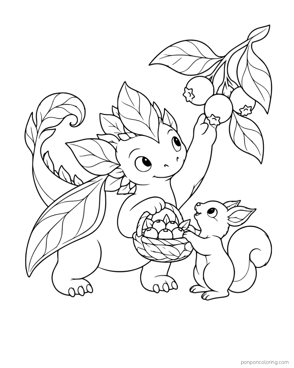 A leafy dragon and a squirrel gathering berries in a basket beneath a branch.
