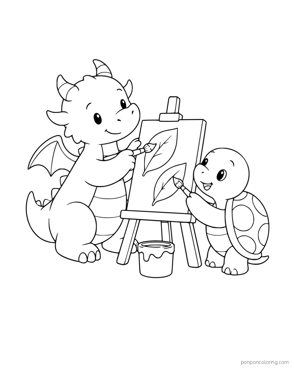 A baby dragon and a turtle painting a leaf on an easel.