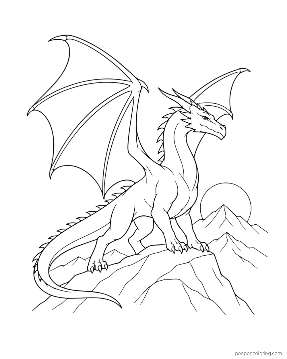 A winged dragon standing on a mountain peak with the sun behind it.