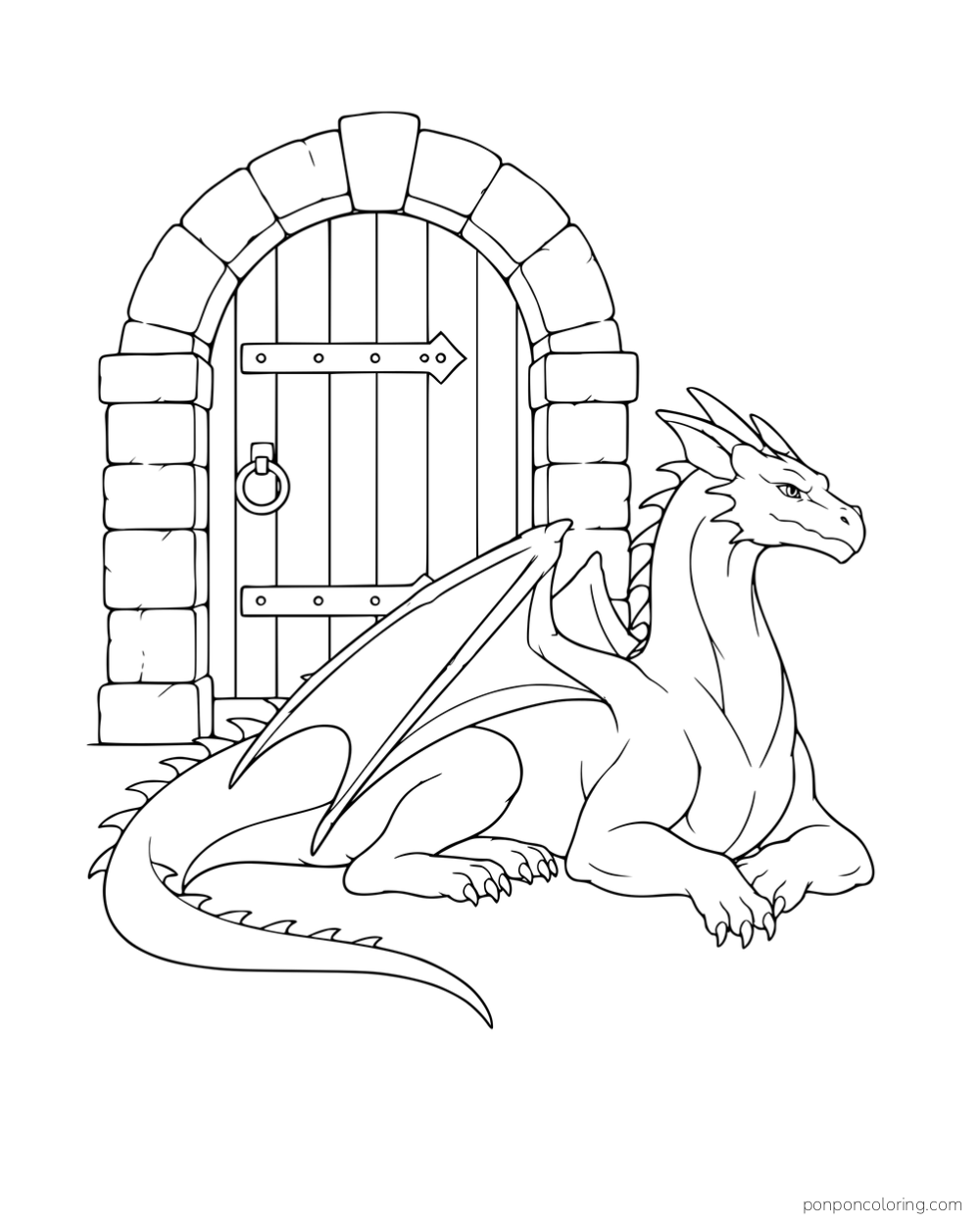 A dragon with folded wings resting beside an arched stone doorway.