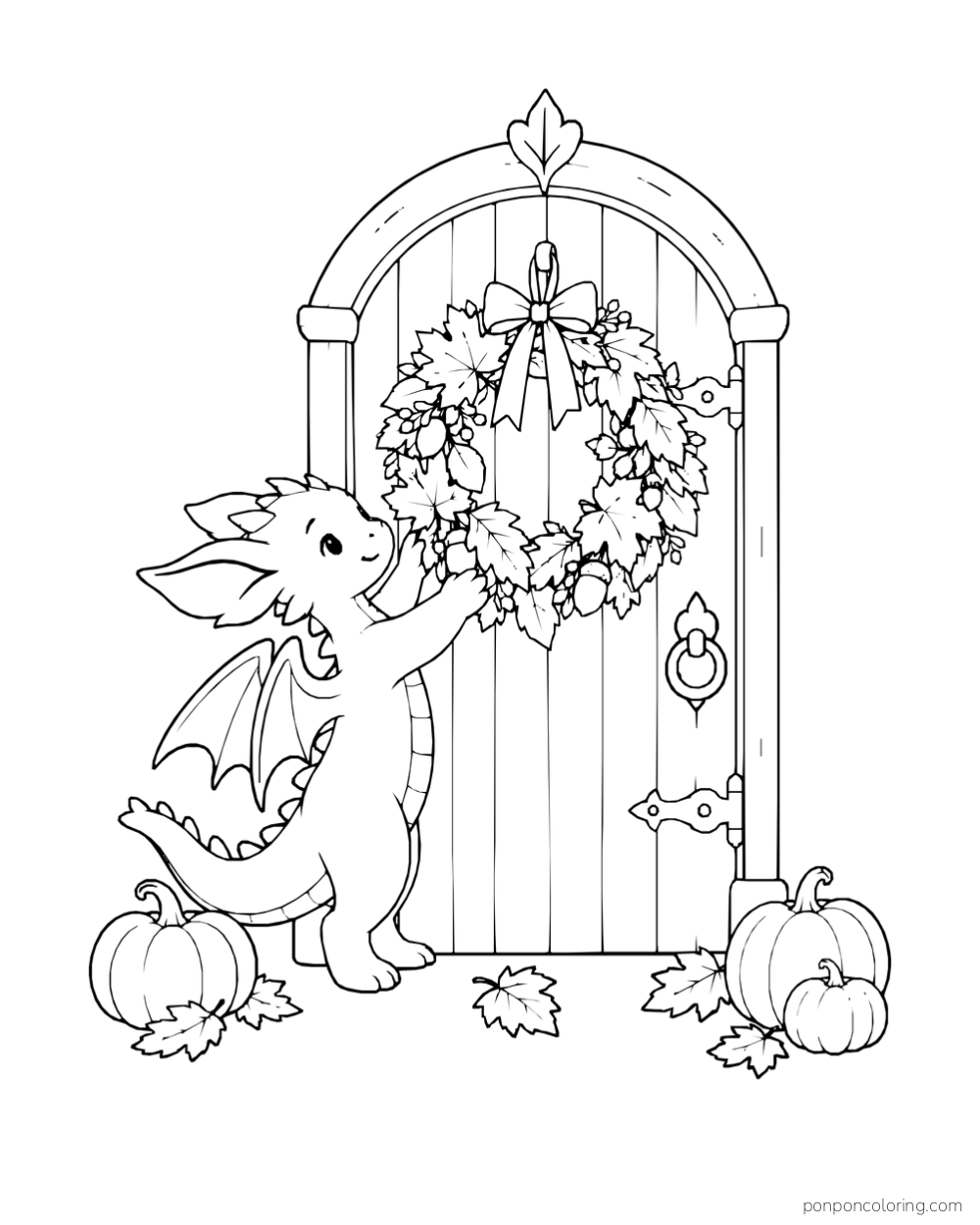 A little dragon reaches toward a leafy wreath hanging on an arched door, with pumpkins at the base.