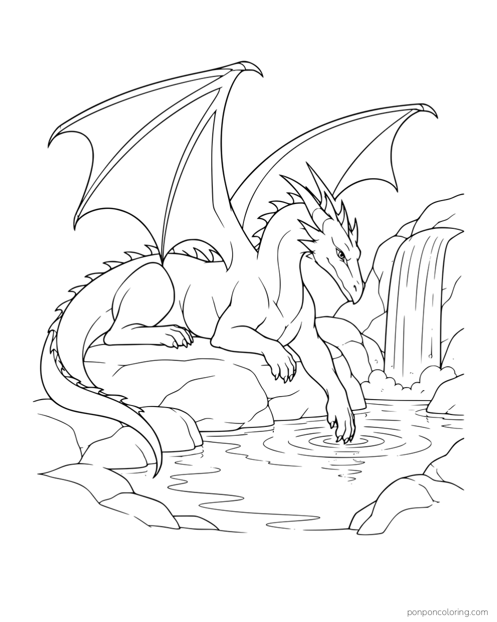 A winged dragon resting on rocks and dipping one claw into a pool beside a waterfall.