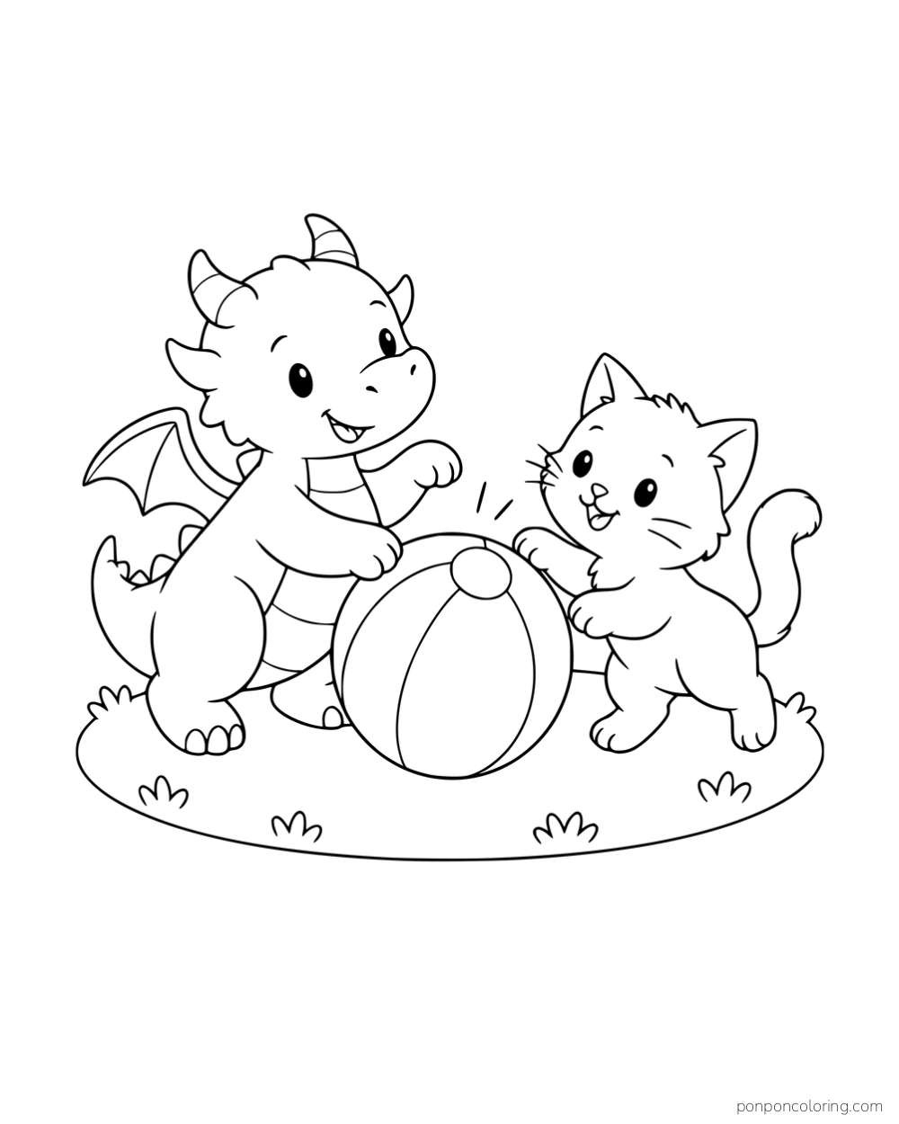 A baby dragon and a kitten reaching toward a striped ball on a small patch of grass.