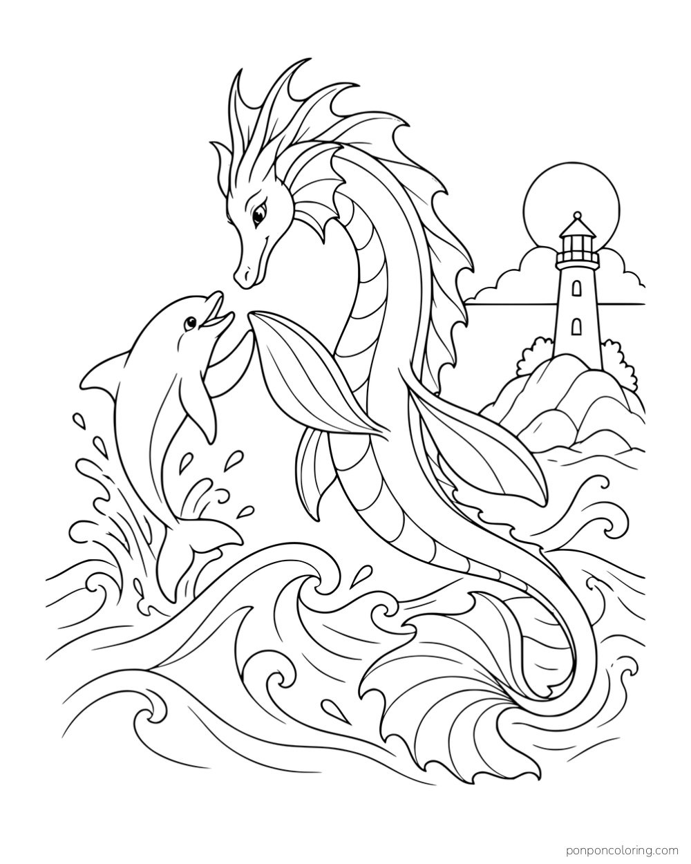 A sea dragon and dolphin rising among waves beside a distant lighthouse.