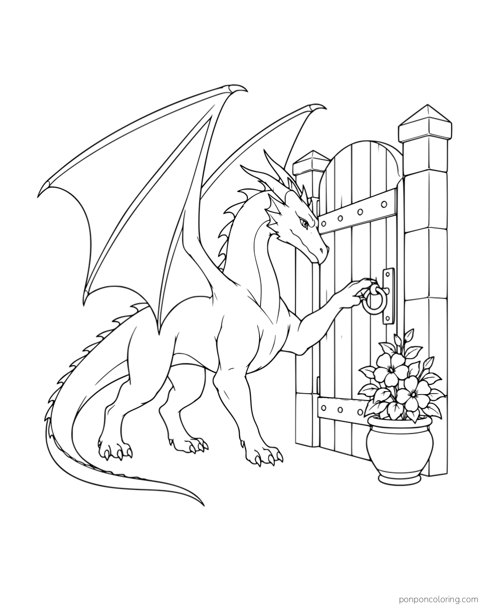 A winged dragon reaching for the ring handle of a garden gate beside a flowerpot.