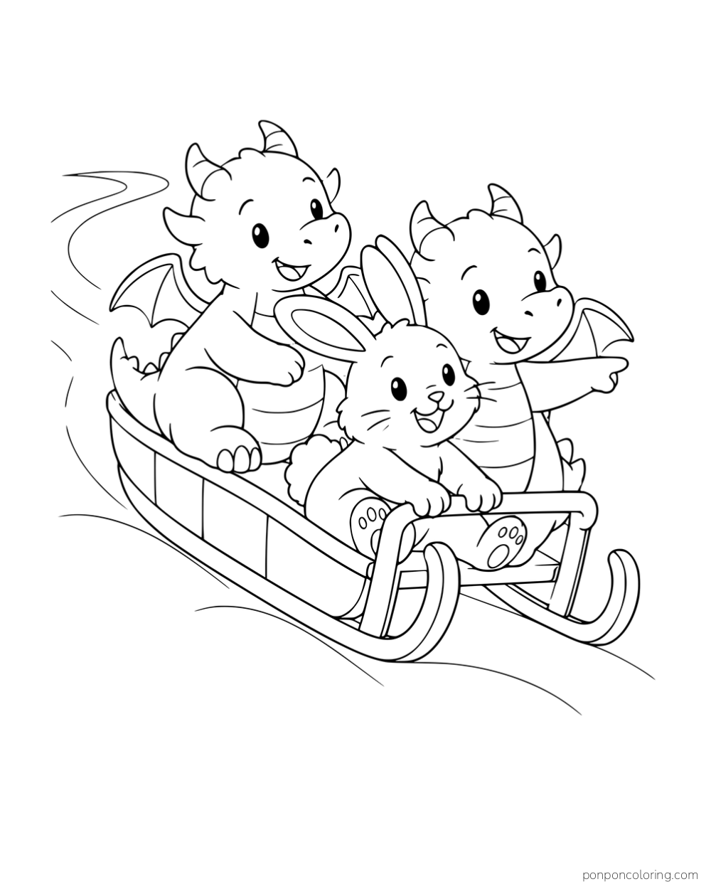 Two baby dragons and a rabbit riding together on a sled.