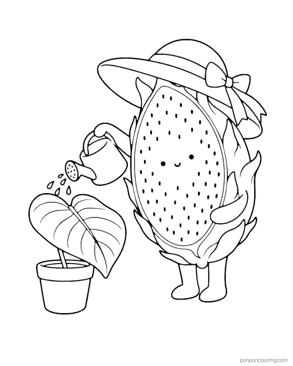A dragon fruit wearing a sun hat waters a large-leafed plant in a pot.