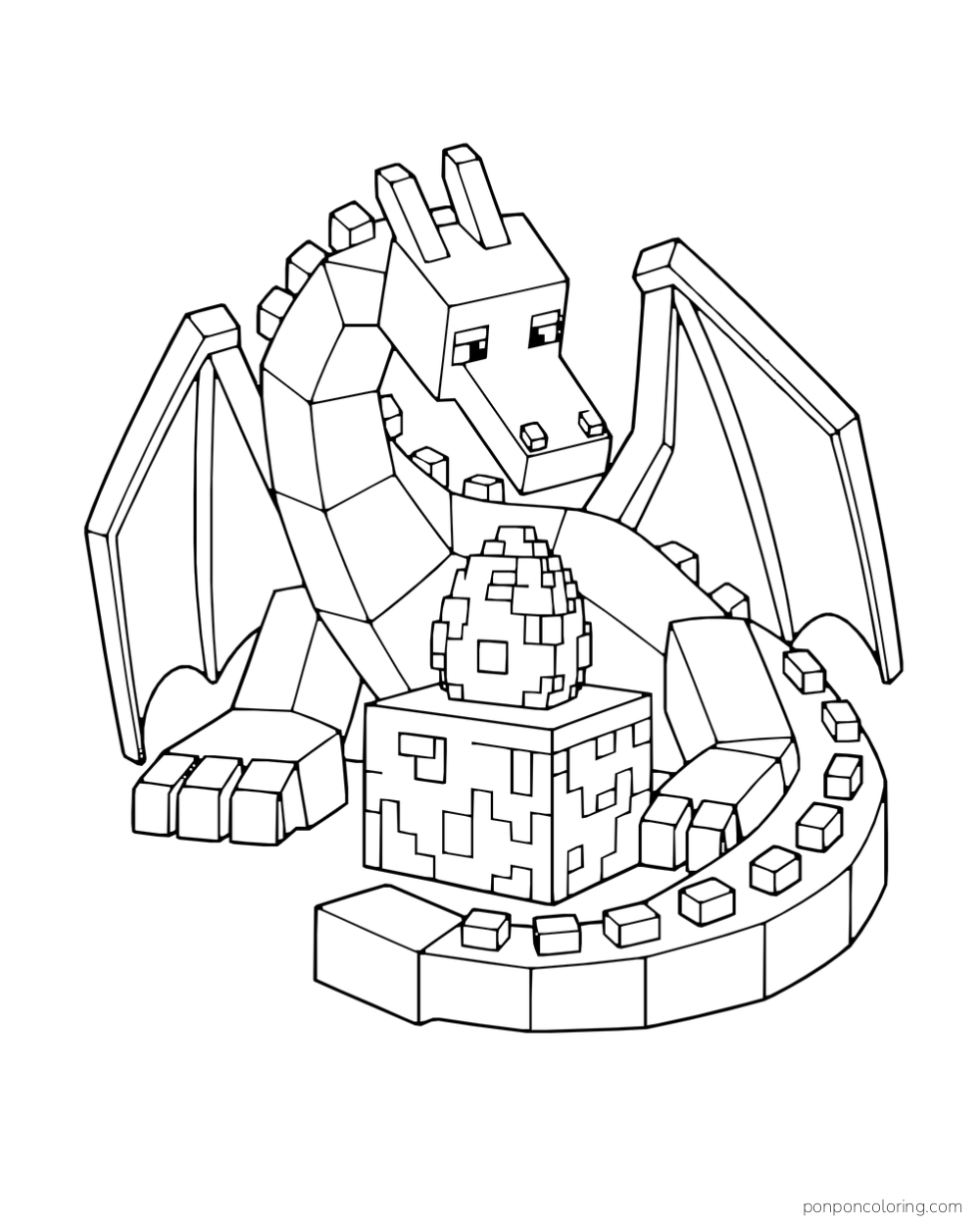 A friendly blocky dragon curls around an egg on a stone pedestal with both wings spread.