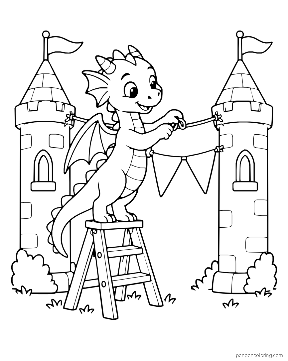 A dragon standing on a stool to fasten triangular bunting between two castle towers.