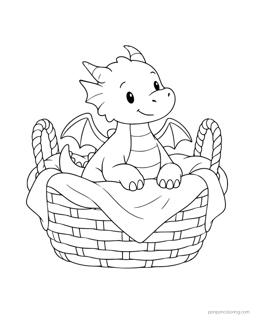 A small horned dragon sitting in a woven basket lined with a blanket.