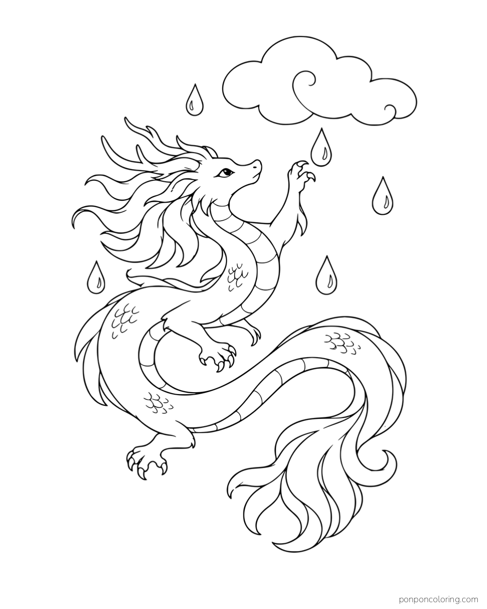 A long dragon reaching toward drops falling from a single cloud.