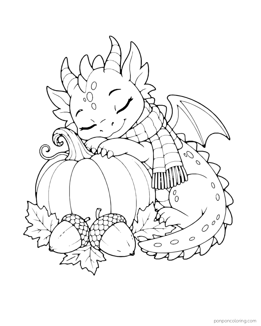 A scarf-wearing dragon sleeps curled around a large pumpkin beside acorns and leaves.