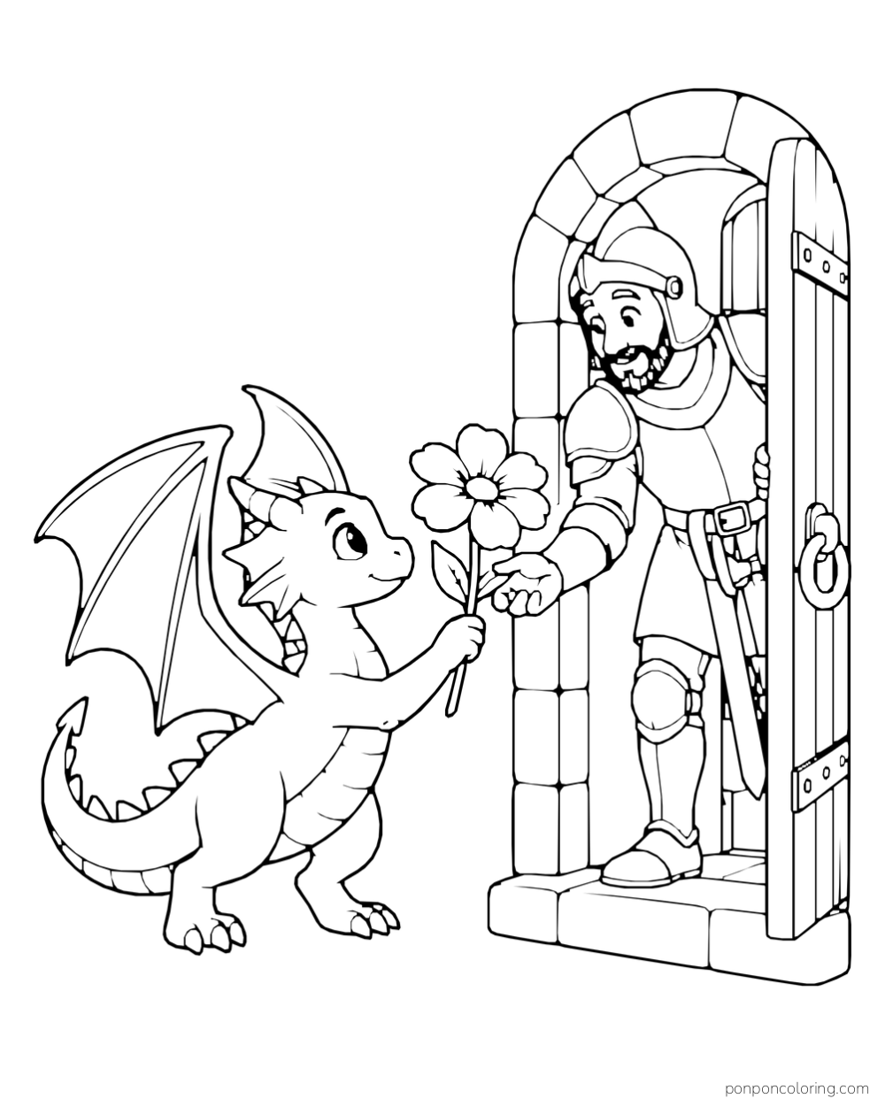 A small dragon offering a flower to a guard standing in an open stone doorway.