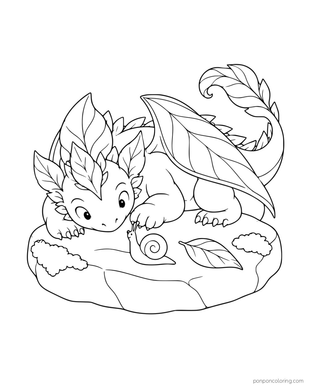 A leafy dragon crouching to look at a snail on a flat rock.