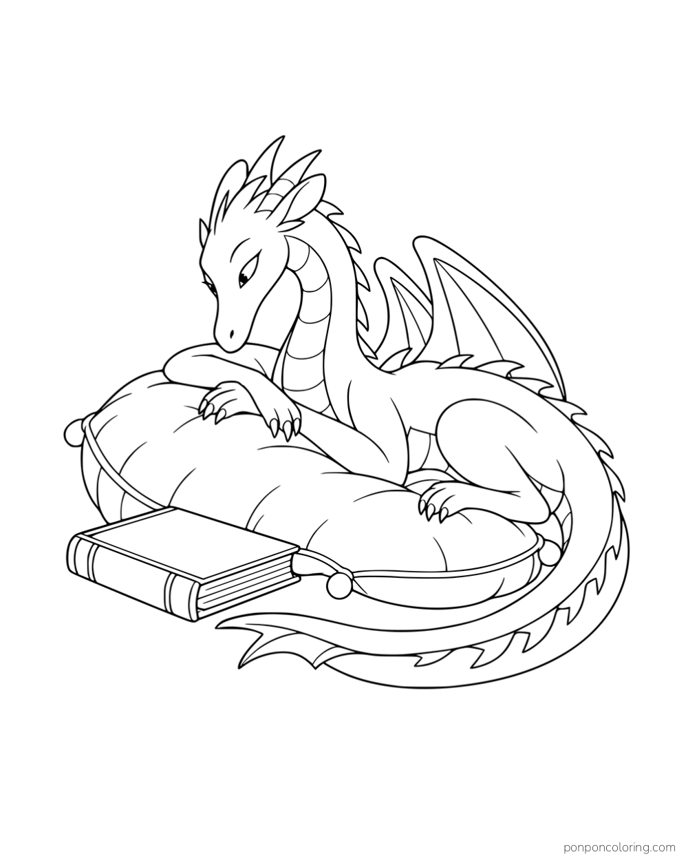 A long-necked dragon resting its front paws on a cushion beside a closed book.