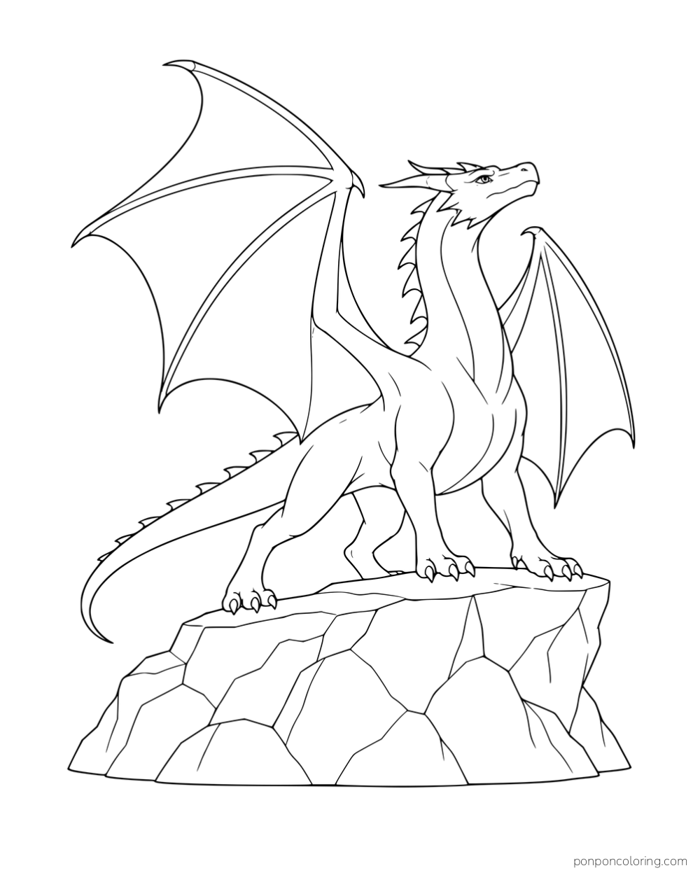 A four-legged dragon spreading its wings on a broad rocky ledge.
