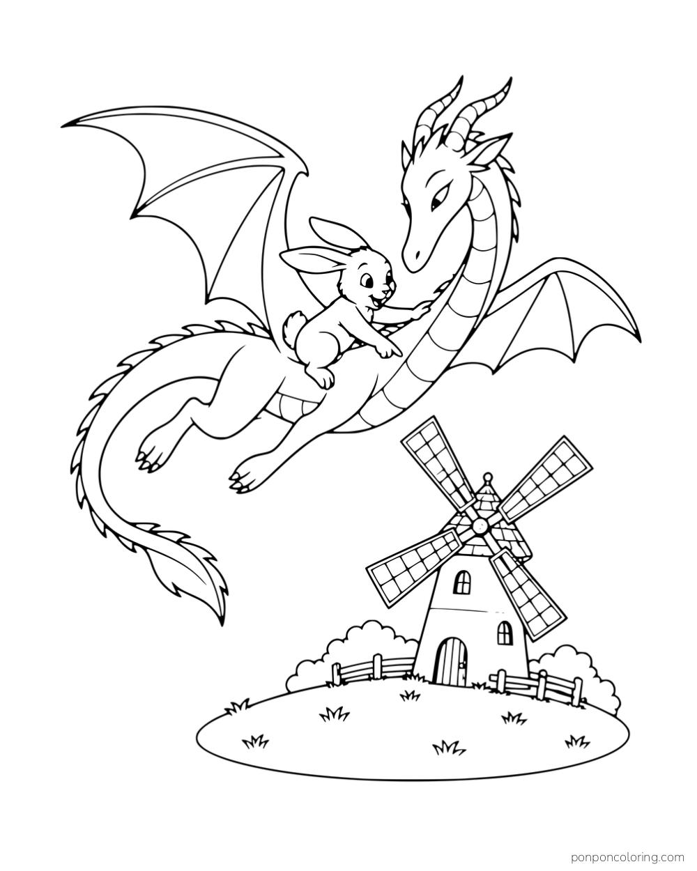 A dragon carrying a rabbit through the air above a windmill.