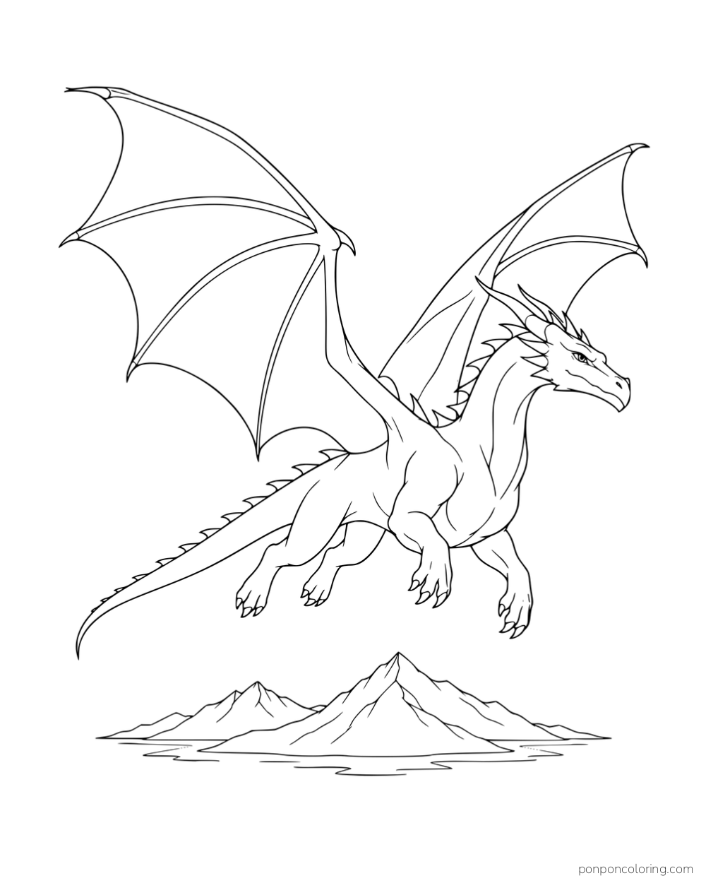 A four-legged dragon flying with spread bat wings above a mountain range.