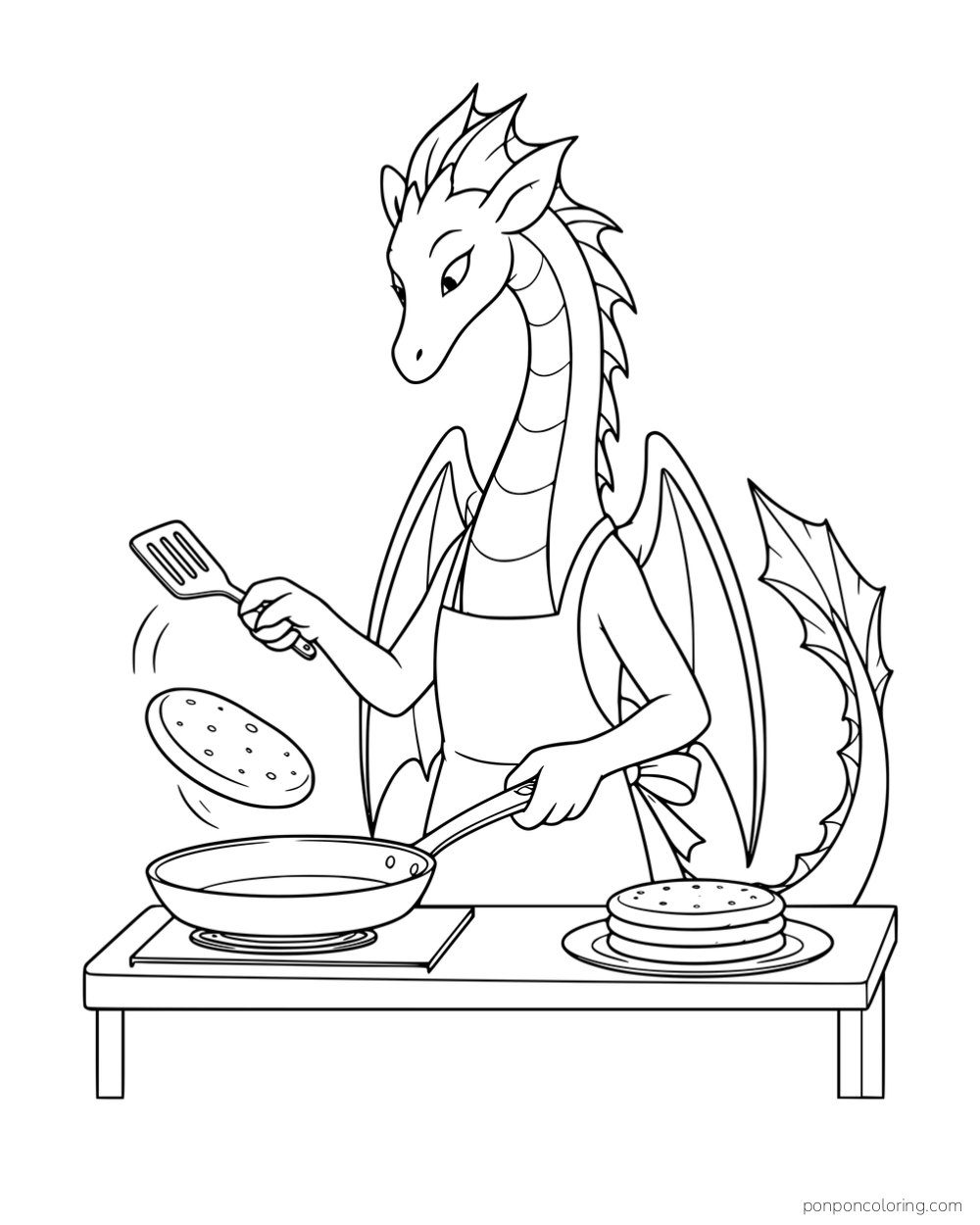 A dragon in an apron flipping a pancake beside a stack of pancakes.