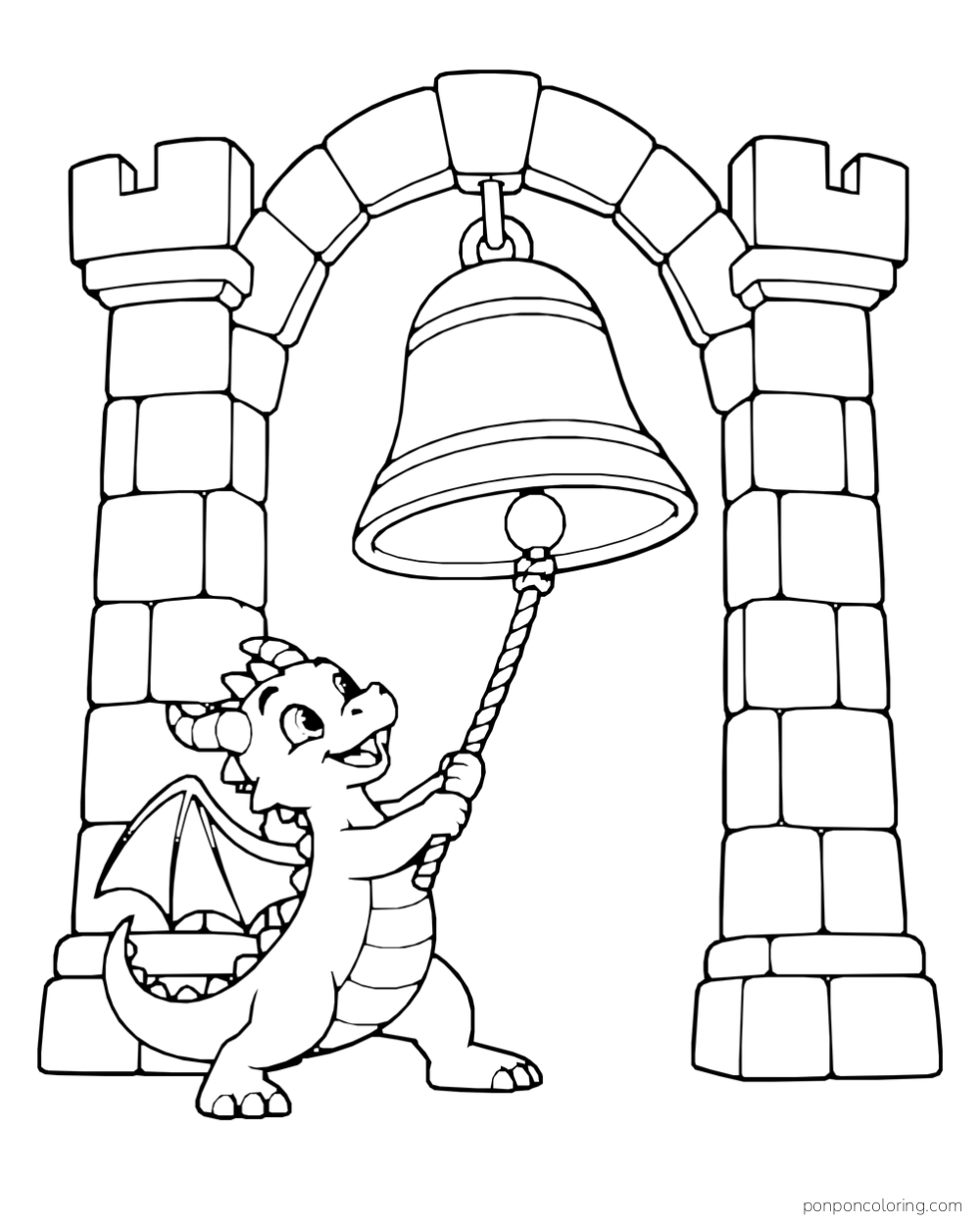 A small dragon pulling the rope of a large bell hanging in a stone castle arch.