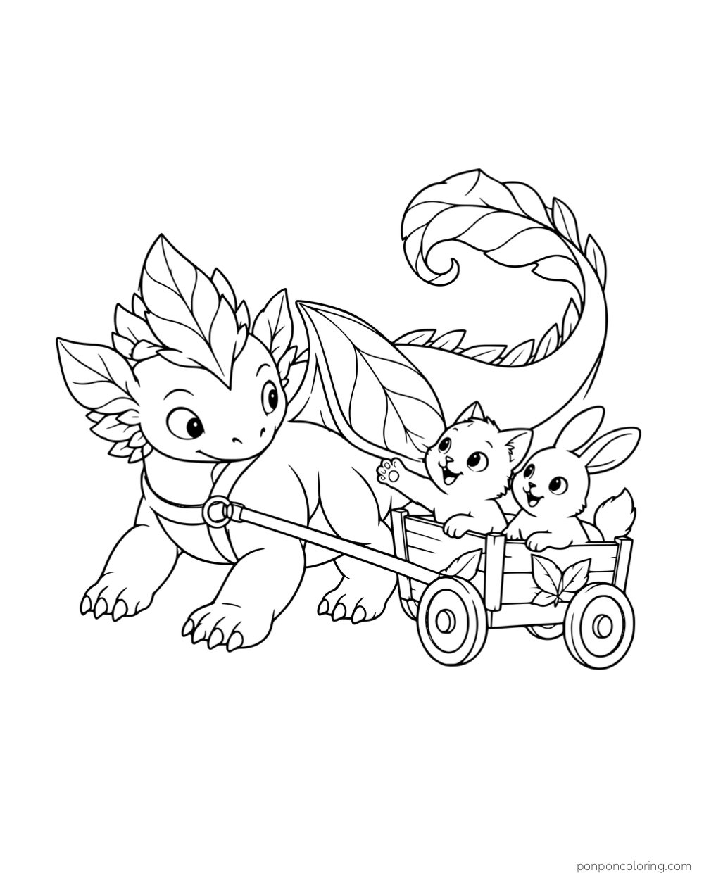 A leafy dragon pulling a wagon carrying a kitten and a rabbit.