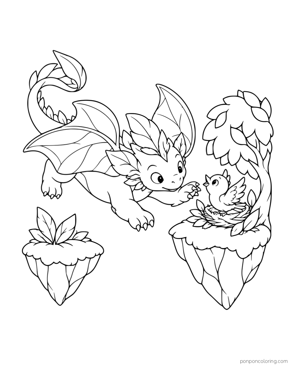A leafy dragon reaching toward a bird in a nest on a floating island, with a smaller island nearby.