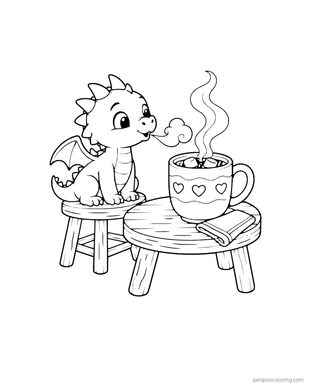 A baby dragon blows a small curl of warm breath toward a steaming cocoa cup on a low table.