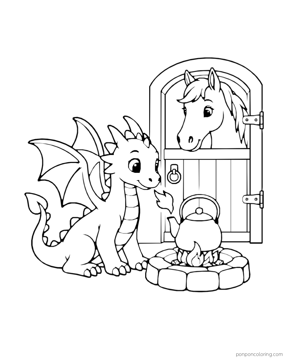 A small dragon breathing a flame toward a kettle above a ring of stones while a horse looks out of a stable door.
