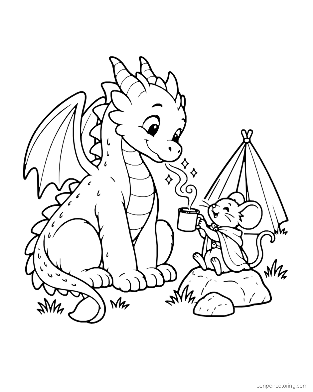A gentle dragon sends a small curl of warm breath toward a mouse's mug.