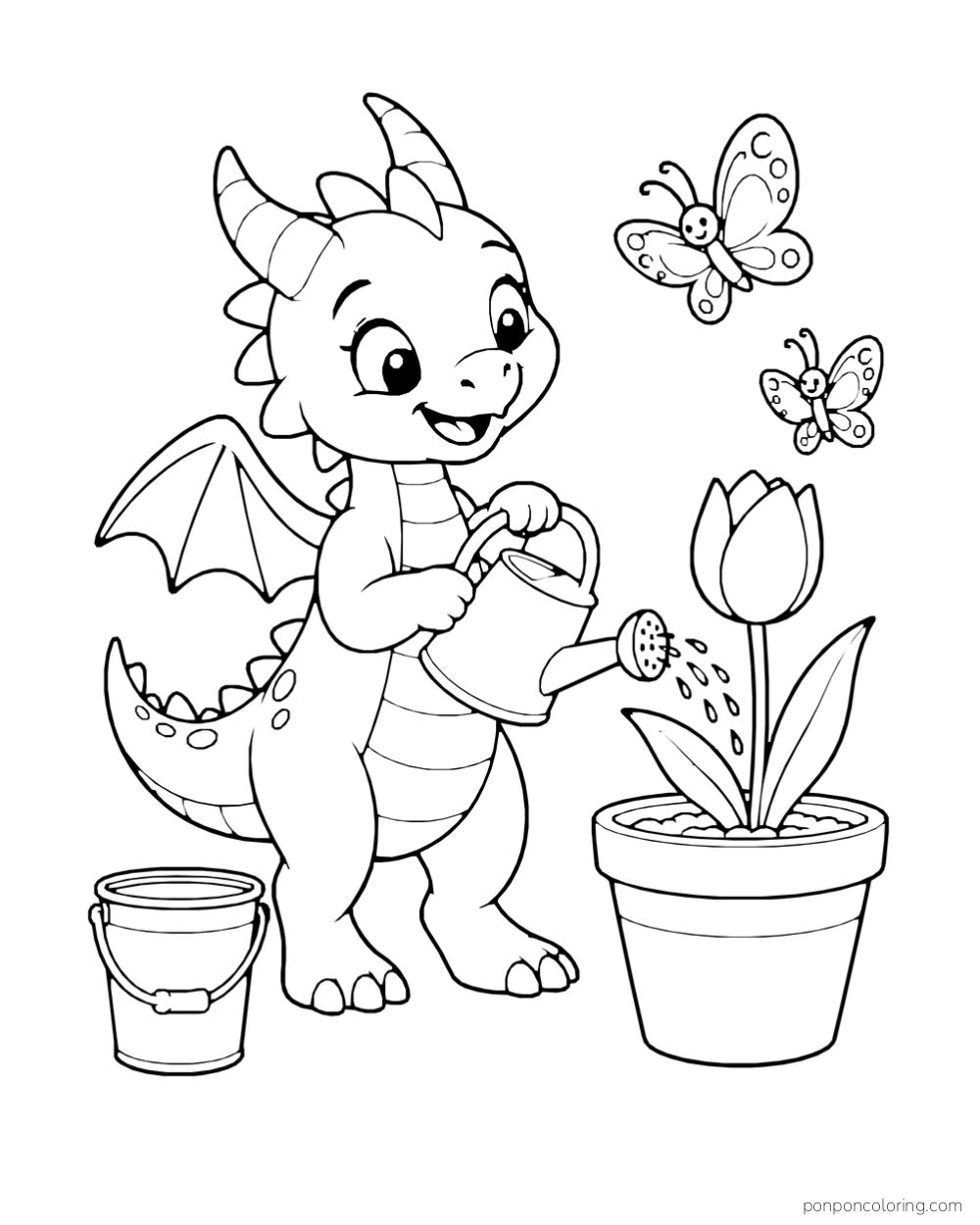 A friendly dragon waters a pot of tulips beside a bucket and two butterflies.