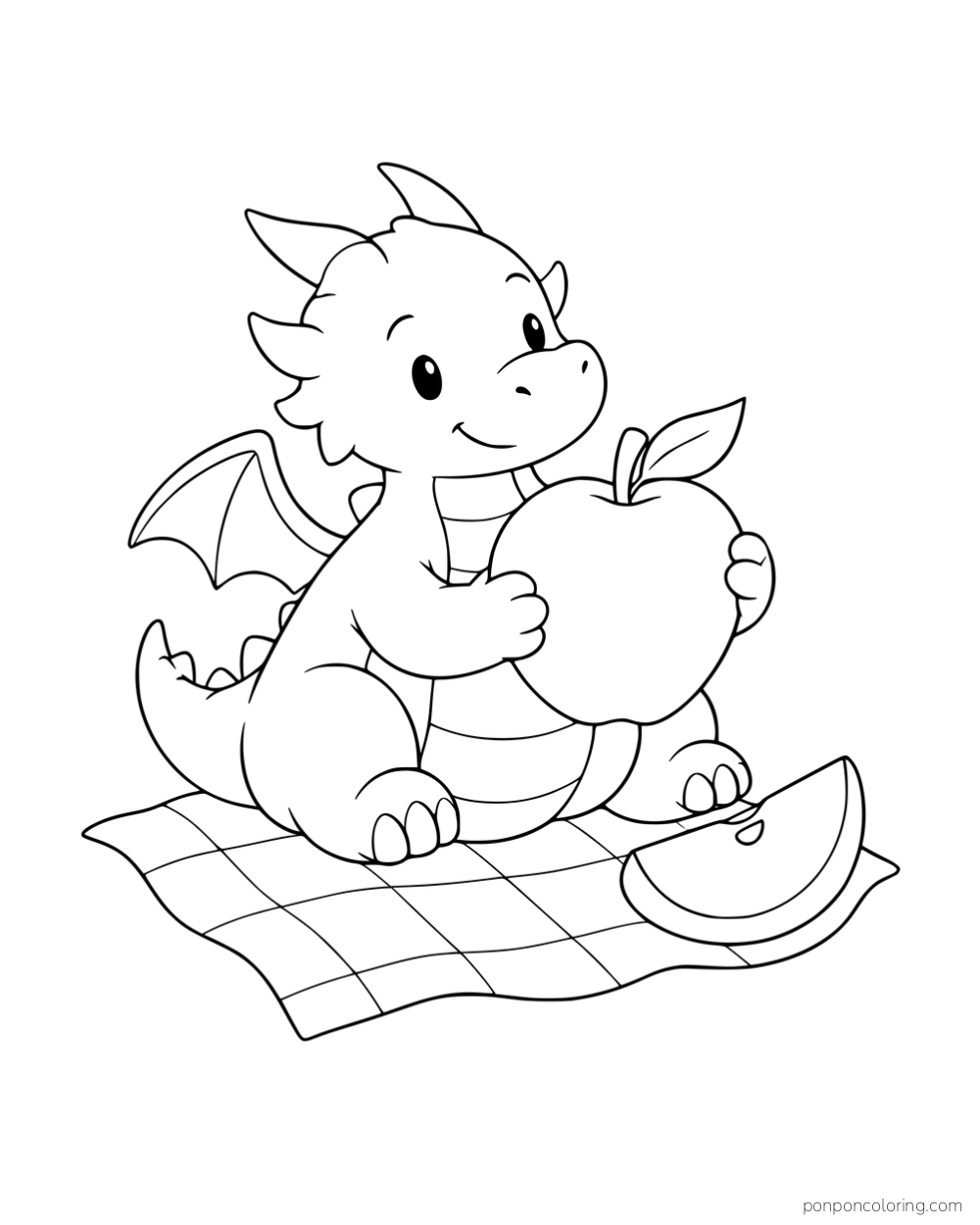 A baby dragon holding a large apple on a checked picnic cloth beside an apple slice.