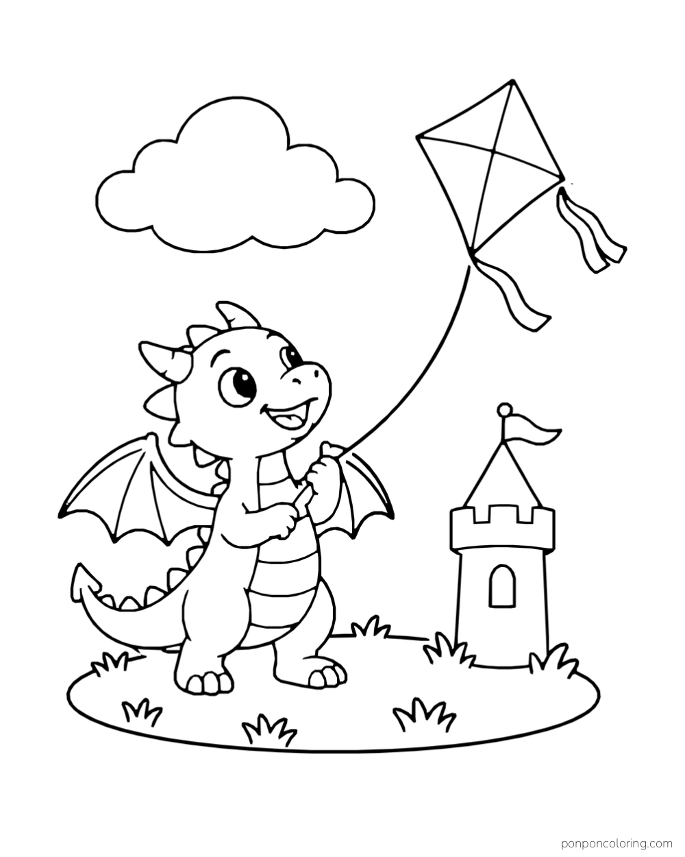 A small dragon holding a kite string on a hill beside a distant castle tower and a cloud.