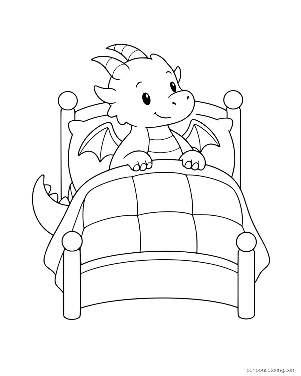 A baby dragon peeking over a checked quilt in a bed.