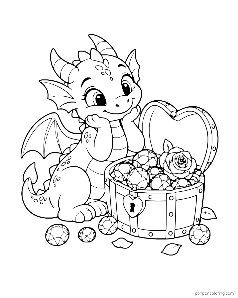 A little dragon sits beside a heart-lidded treasure chest filled with gems and a rose.