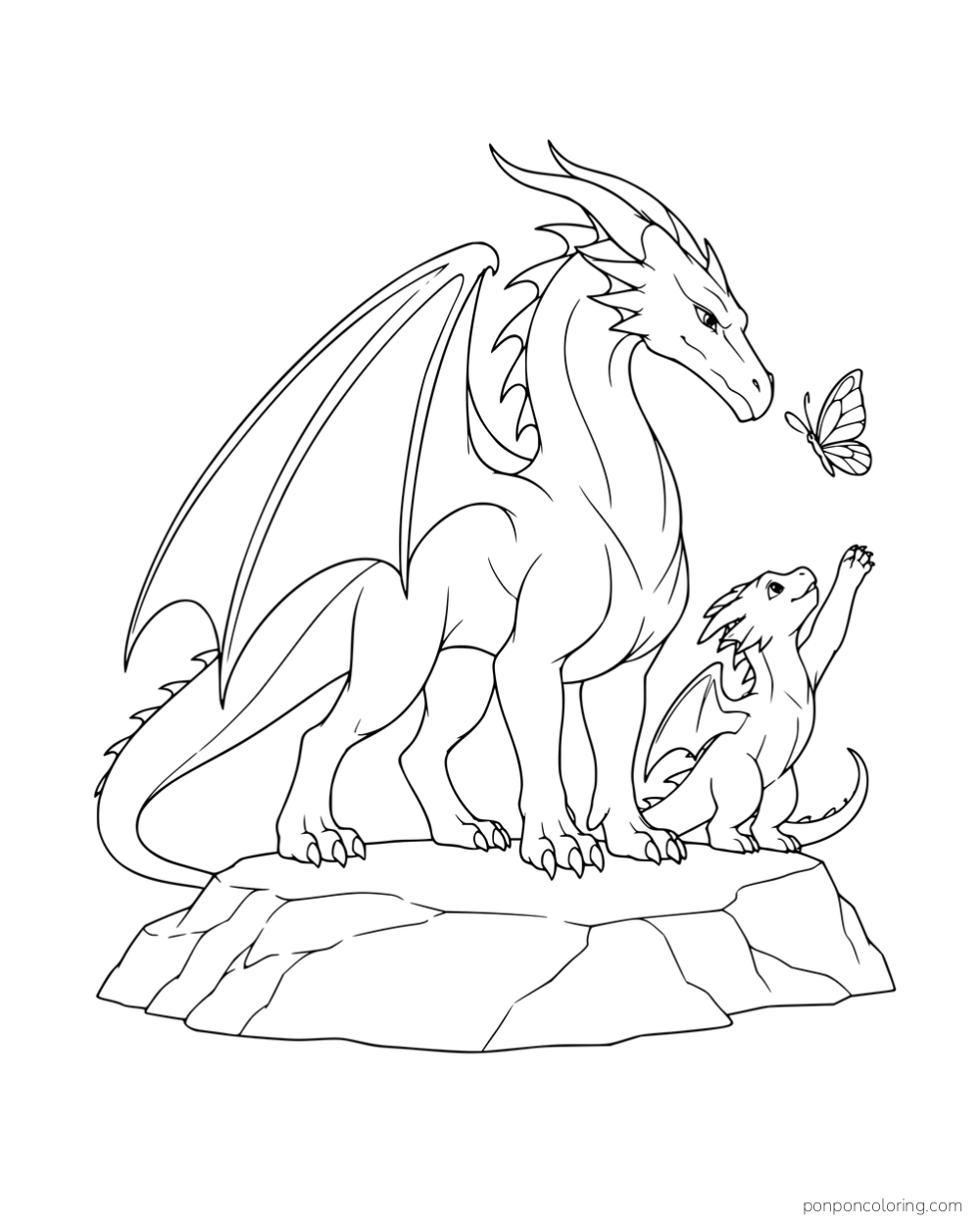 A large dragon and a smaller dragon watching a butterfly from a rock.