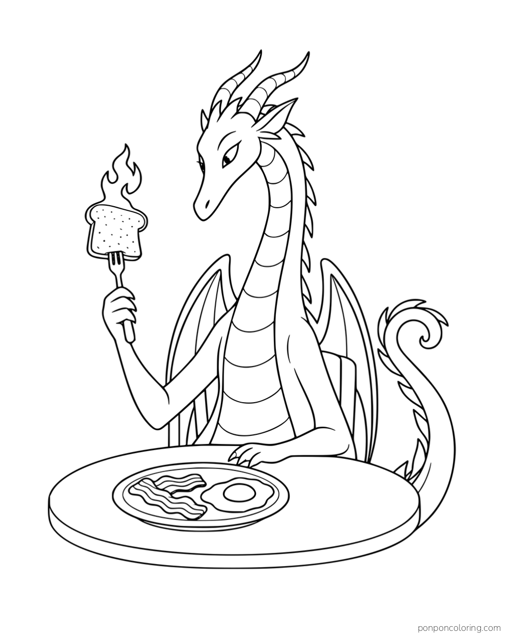A long-necked dragon holding flaming toast above a breakfast plate at a round table.