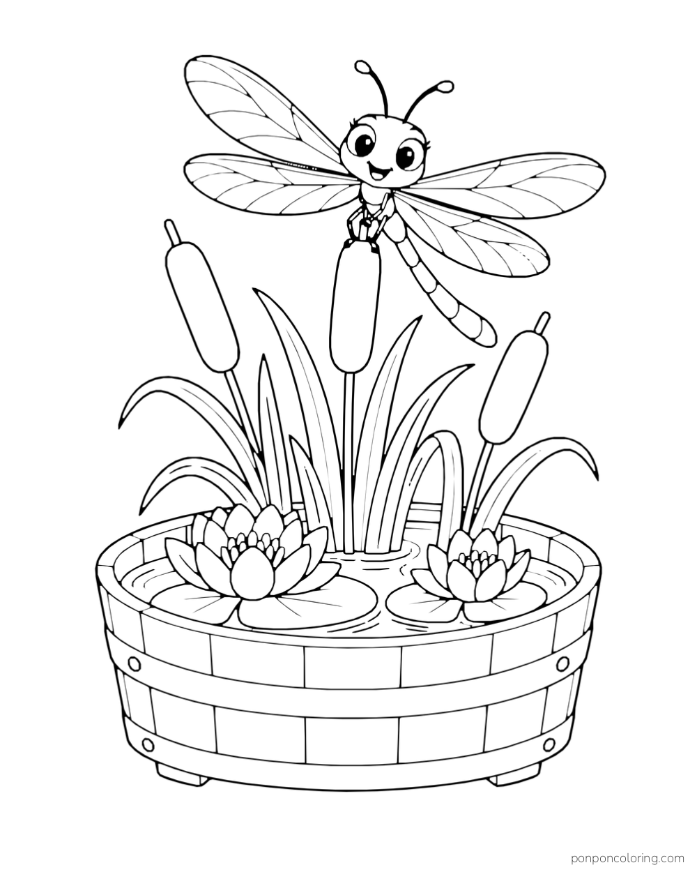 A dragonfly flies above cattails and water lilies in a round wooden tub.