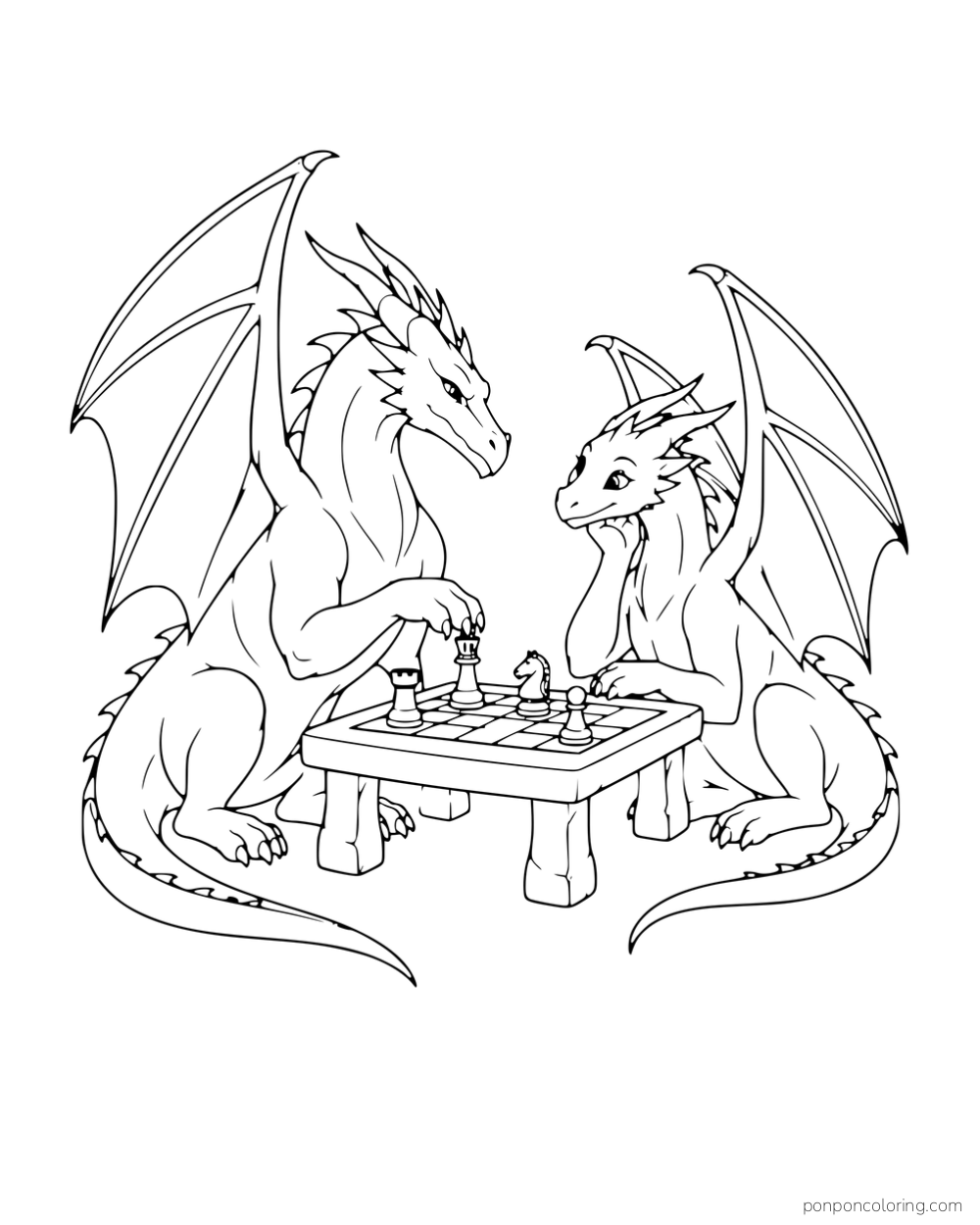Two winged dragons moving chess pieces on a small checkered game table.