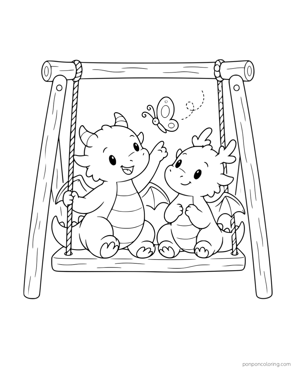Two baby dragons on a swing watching a butterfly.